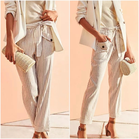Ann Taylor New Ivory Stripe Belted Linen Drapey Cargo Ankle Pants Womens SZ 8 - Picture 3 of 13